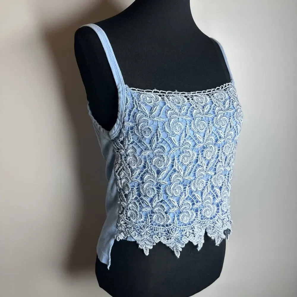 Vintage Awesome Wear Blue Lace Overlay Floral Crop Top Cami Size 3X Fits Medium - Picture 4 of 11